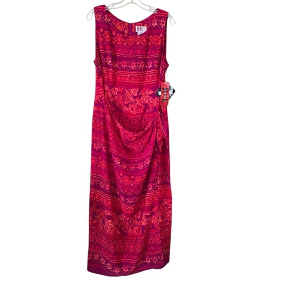 R&K Originals Pink Orange Floral‎ Batik Faux Wrap Maxi Dress Size 14 NWT